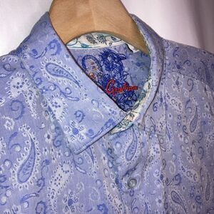 Robert Graham Mens Shirt L Paisley Blue Flip Cuff Embroidered Long Sleeve Button